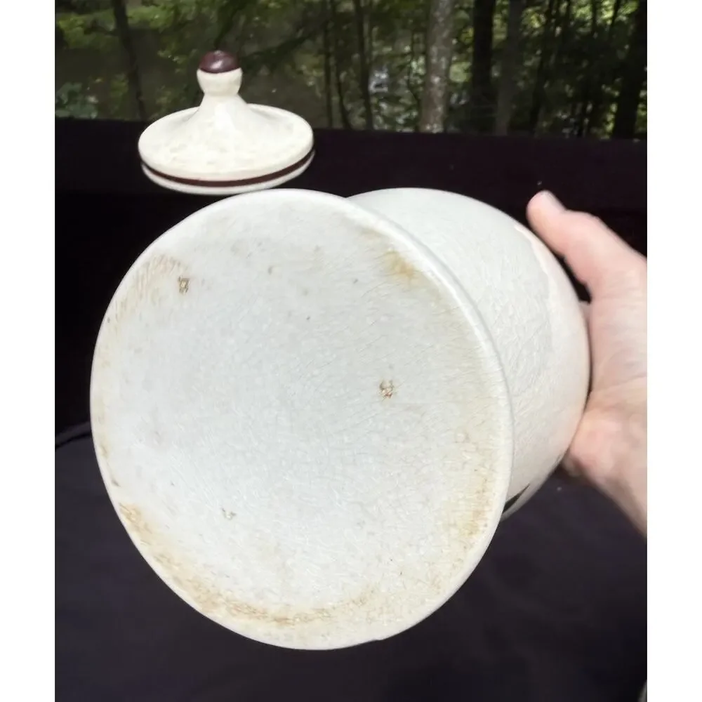 Antique Porcelain Jar & Lid With Bird & Cherry Blossom Tree Marked USA